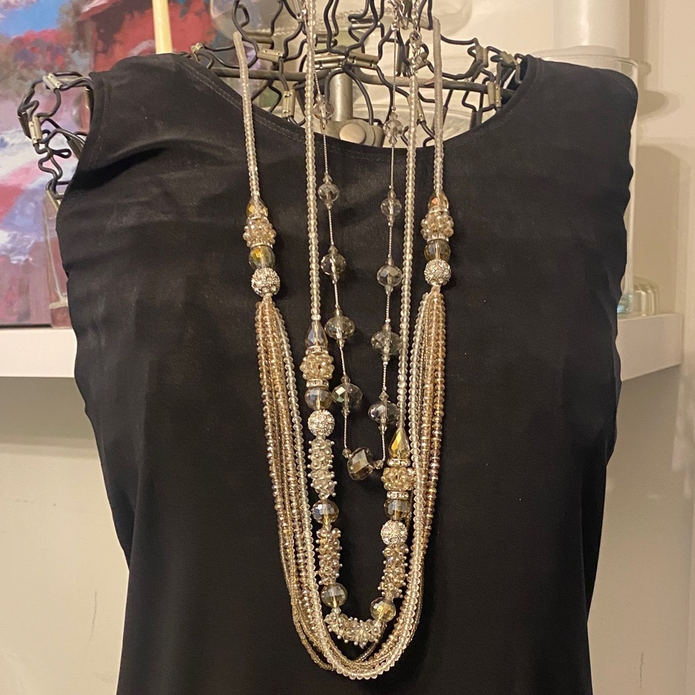 Layered Gold-Tone Beaded Necklaces with Crystal Accents